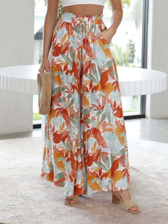 Shirred Waist Drawstring Wide Leg Palazzo Pants - Red