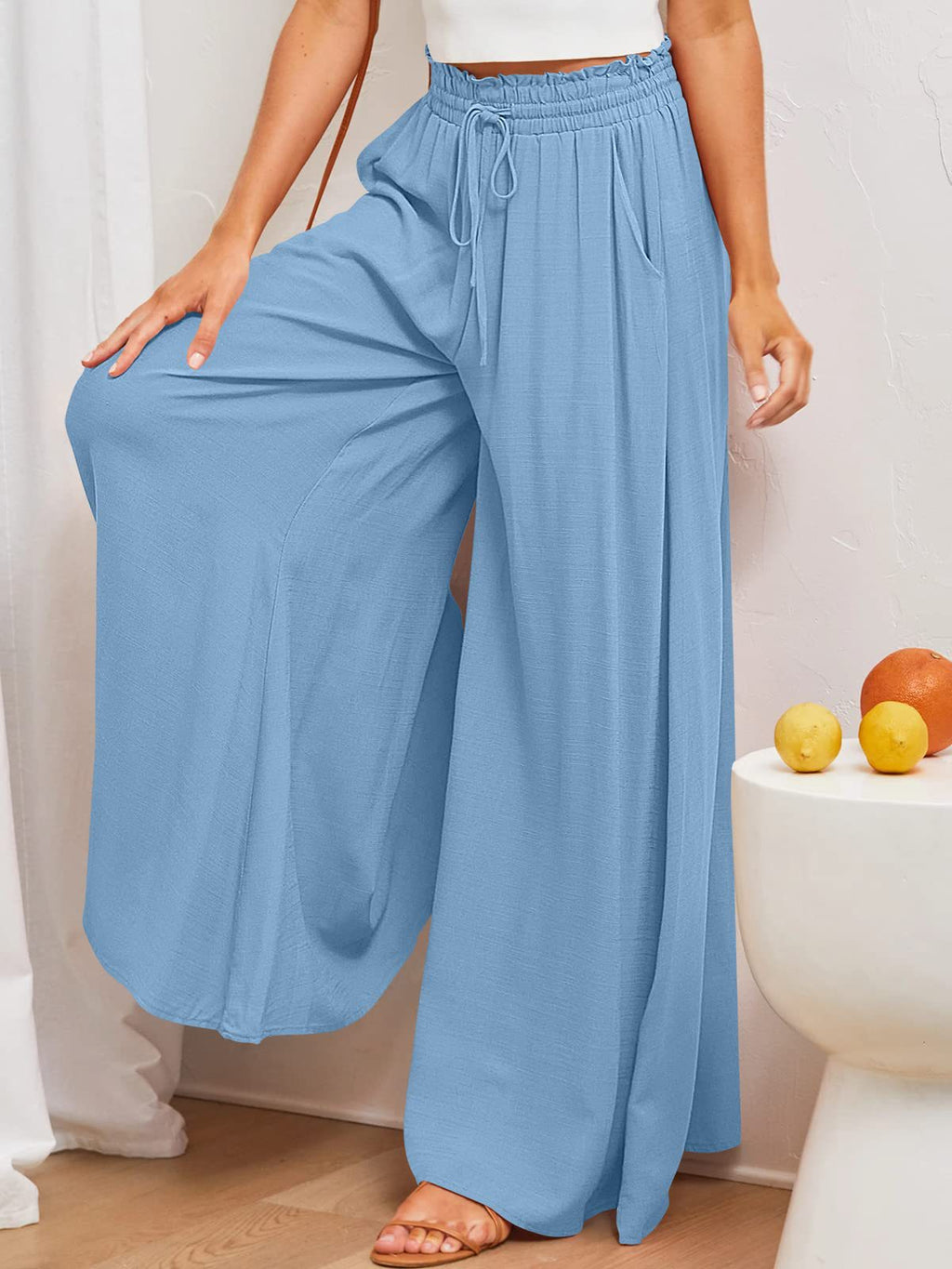 Shirred Waist Drawstring Wide Leg Palazzo Pants - Skyblue