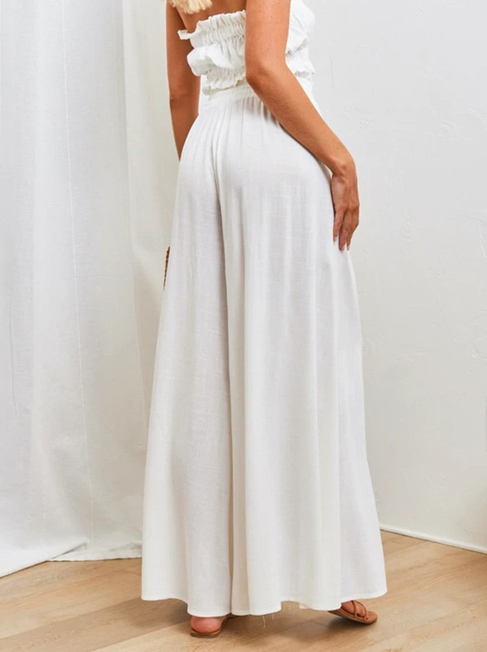 Shirred Waist Drawstring Wide Leg Palazzo Pants - White - 1
