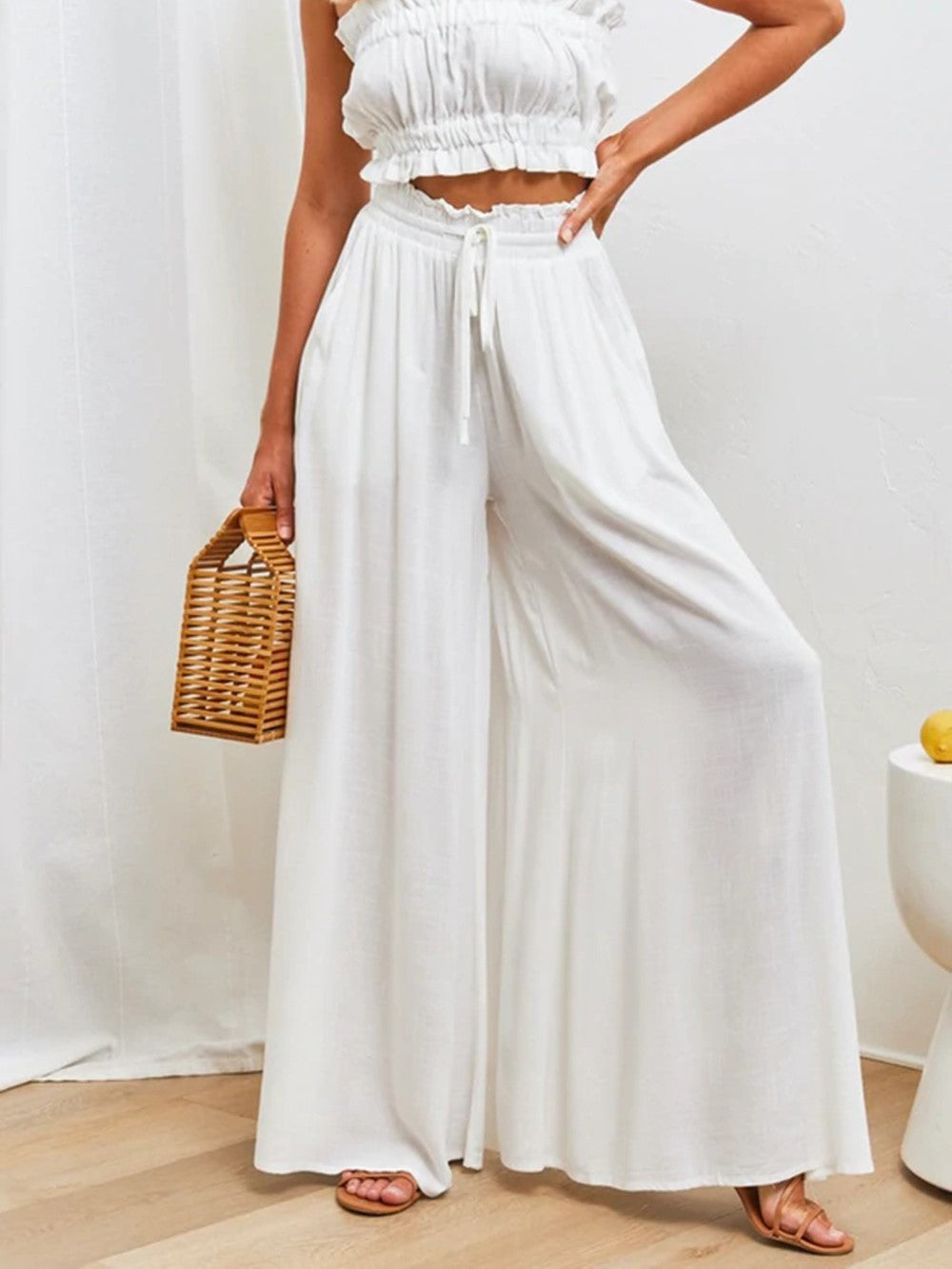 Shirred Waist Drawstring Wide Leg Palazzo Pants - White - 2