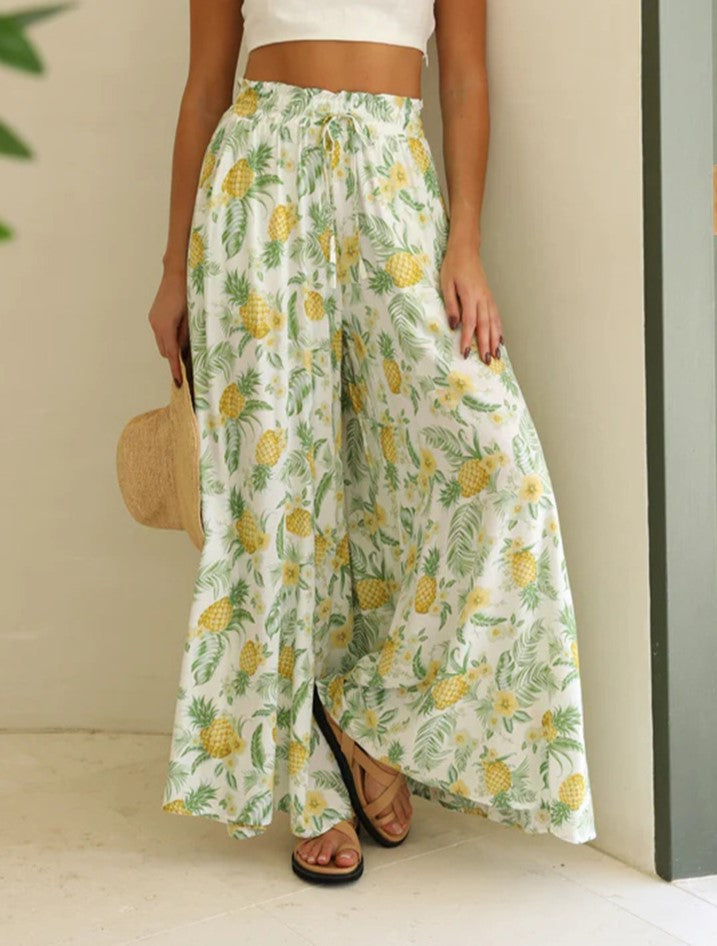 Shirred Waist Drawstring Wide Leg Palazzo Pants - Yellow