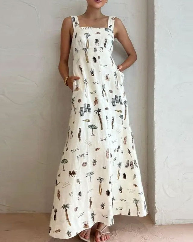Botanical Print Tie Back Maxi Sundress - White
