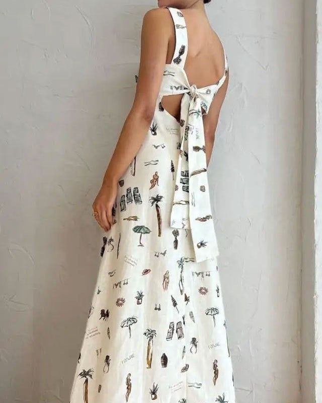 Botanical Print Tie Back Maxi Sundress - White - 1