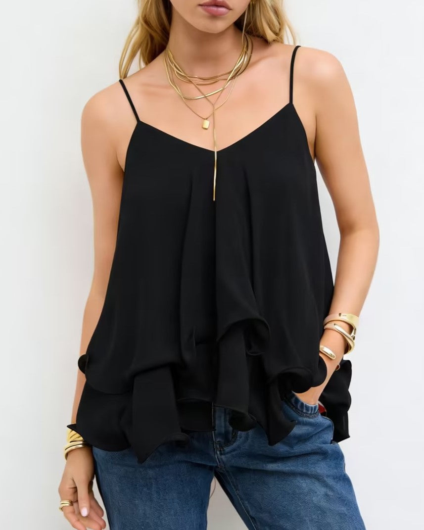 Tiered Handkerchief Hem Chiffon Camisole - Black