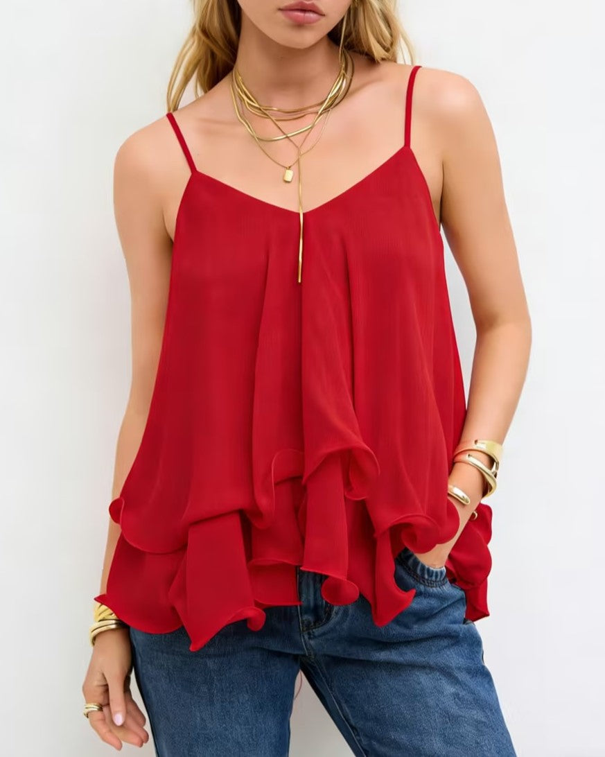 Tiered Handkerchief Hem Chiffon Camisole - Red