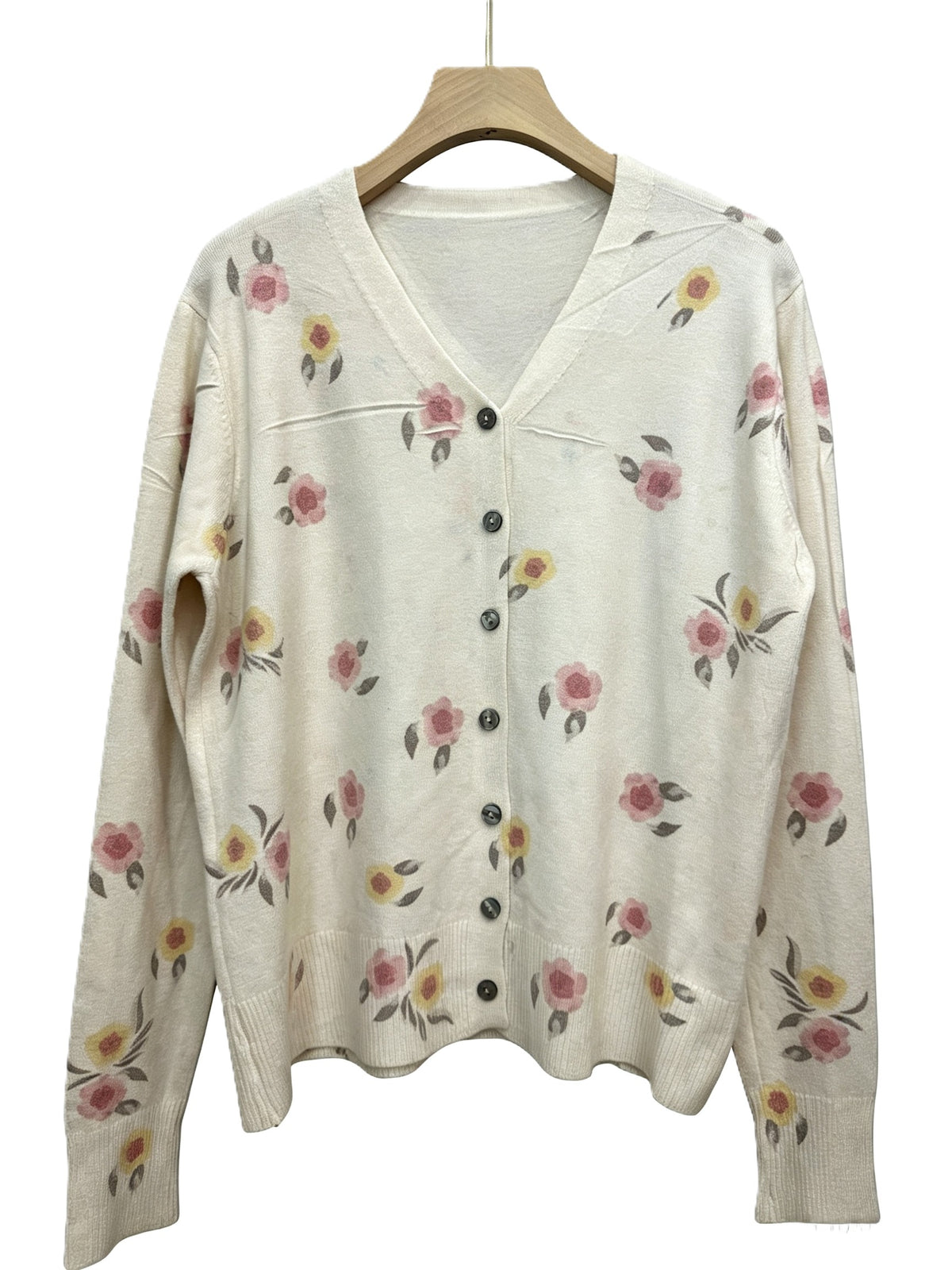 Ditsy Floral Button Front Knit Cardigan - Beige