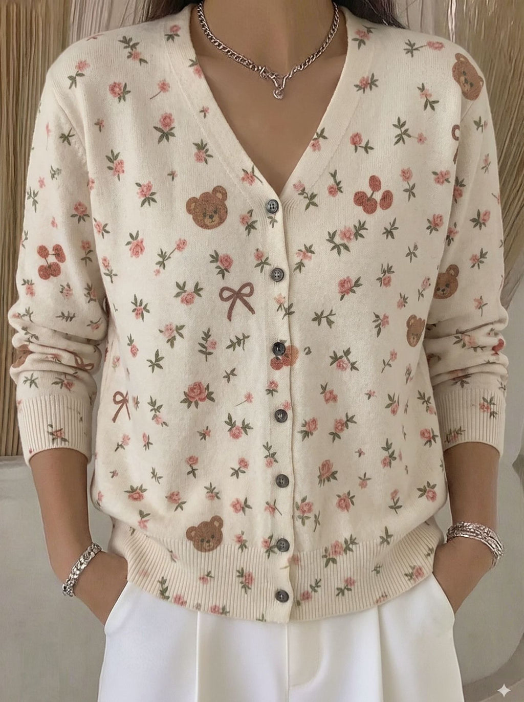 Ditsy Floral Button Front Knit Cardigan