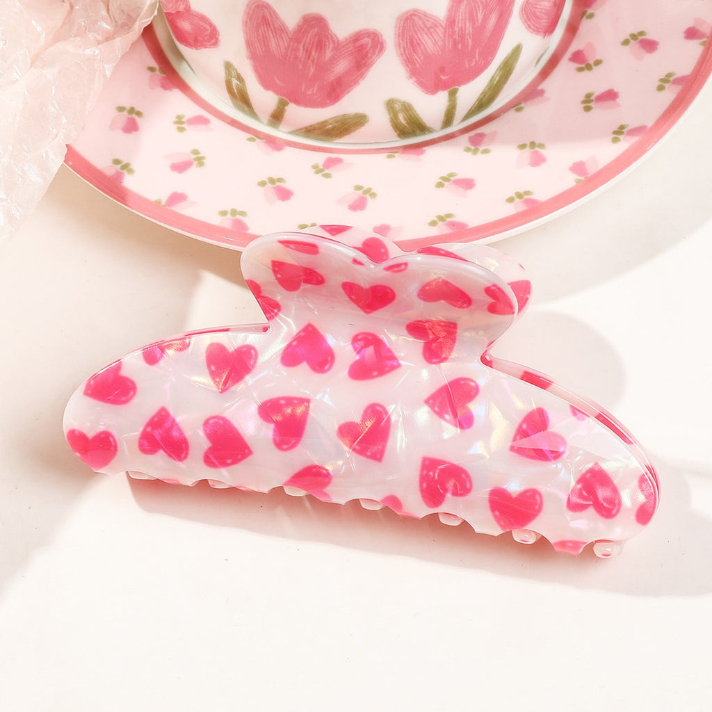 Glossy Heart Print Claw Clip Set - Pink