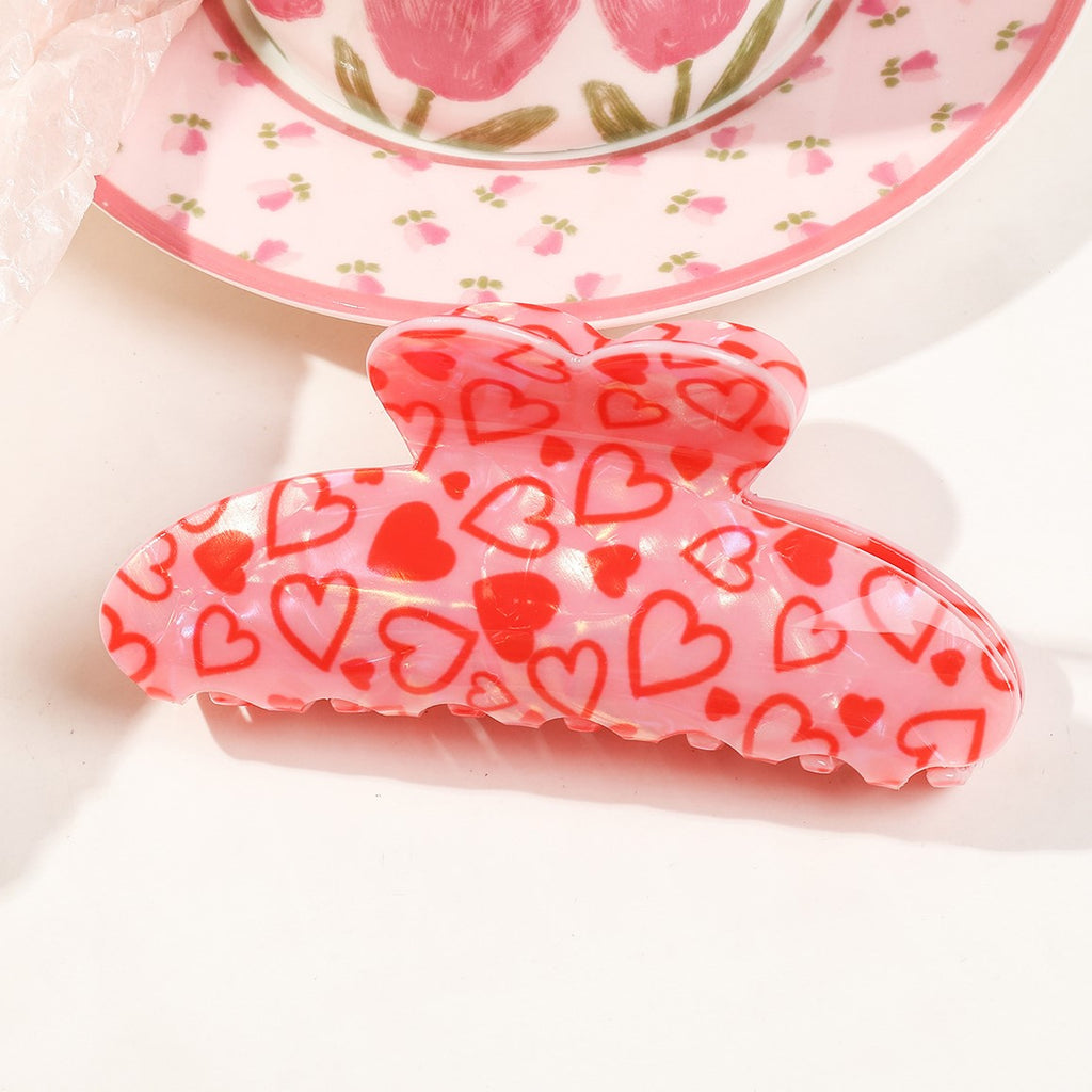 Glossy Heart Print Claw Clip Set - peach