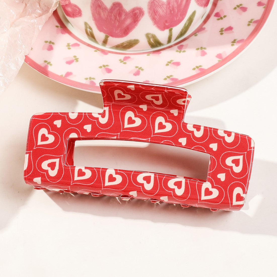 Glossy Heart Print Claw Clip Set - red