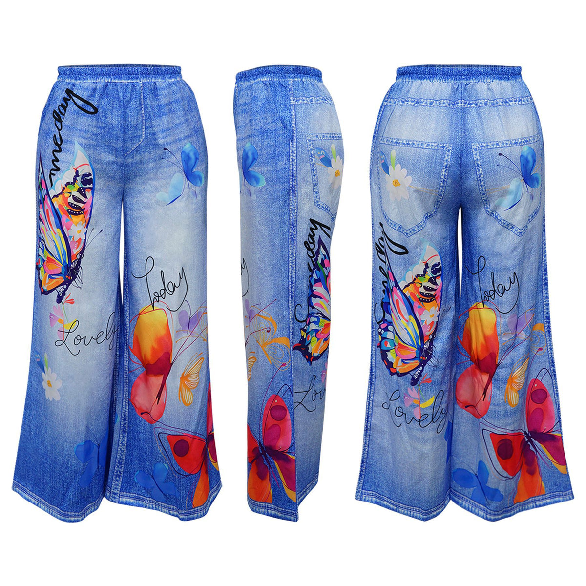 Floral Denim Print Palazzo Wide Leg Pants - Butterfly