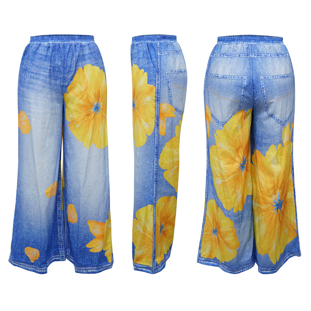 Floral Denim Print Palazzo Wide Leg Pants - Flower01