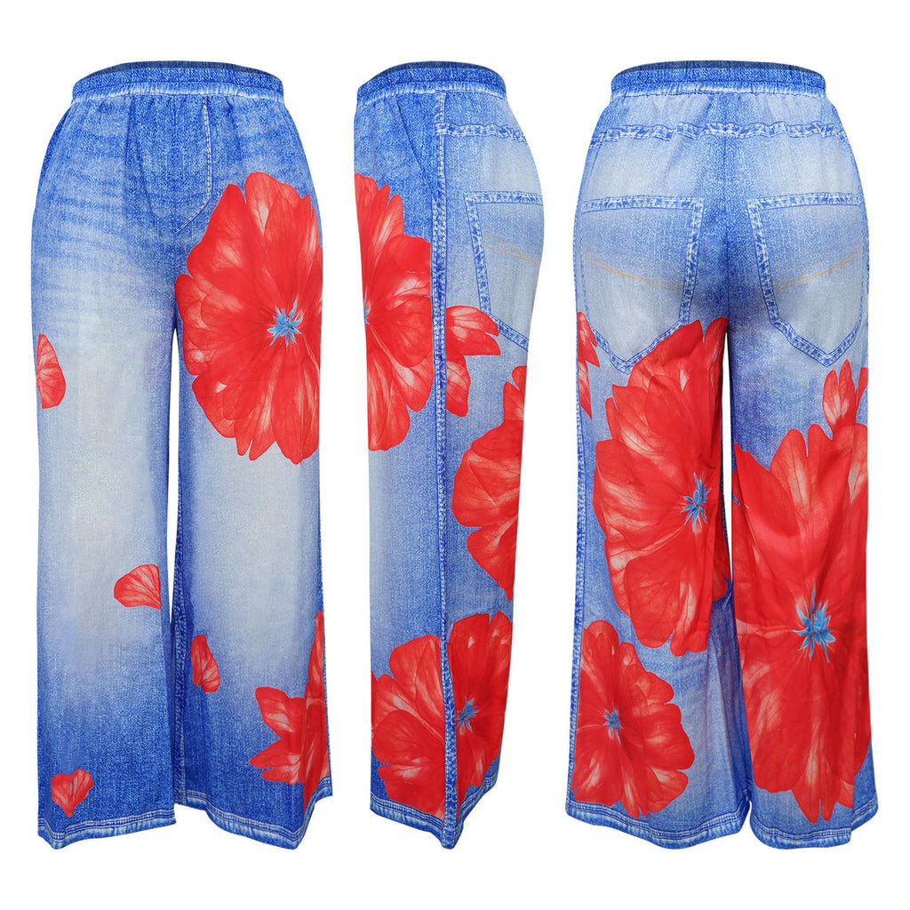 Floral Denim Print Palazzo Wide Leg Pants - Flower02