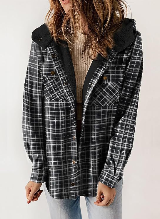 Plaid Sherpa Lined Hooded Shirt Jacket - Black