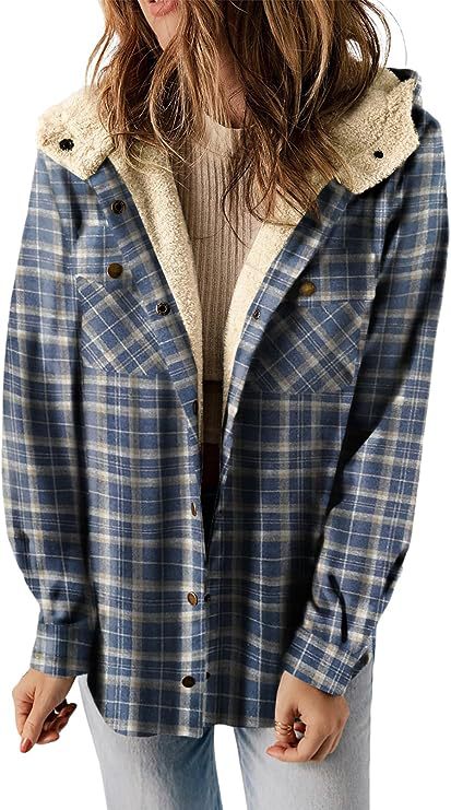 Plaid Sherpa Lined Hooded Shirt Jacket - Blue