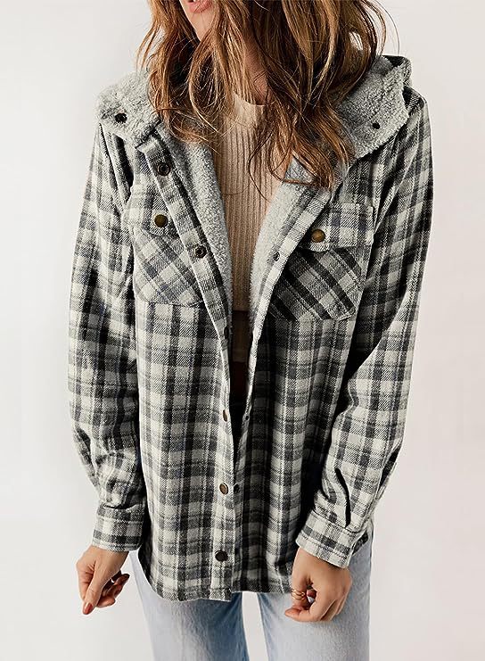 Plaid Sherpa Lined Hooded Shirt Jacket - Grey