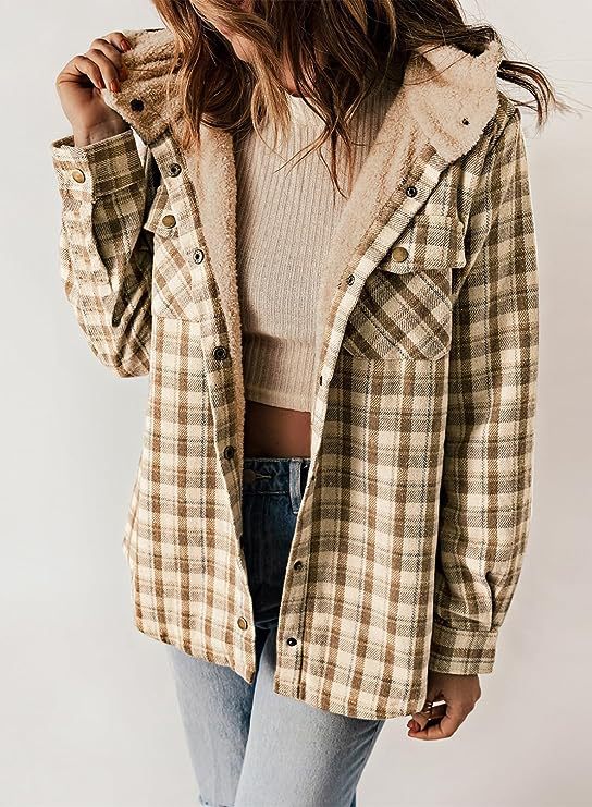 Plaid Sherpa Lined Hooded Shirt Jacket - Khaki - 1