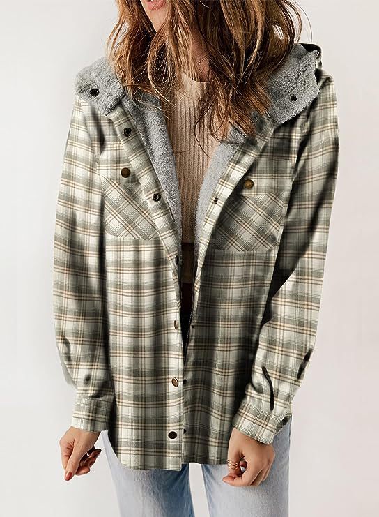 Plaid Sherpa Lined Hooded Shirt Jacket - Matcha