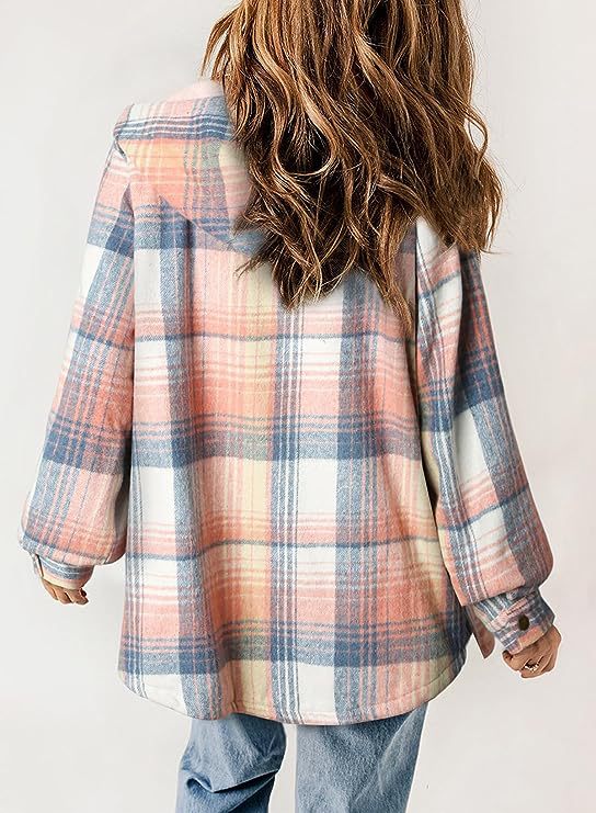 Plaid Sherpa Lined Hooded Shirt Jacket - Pink - 1