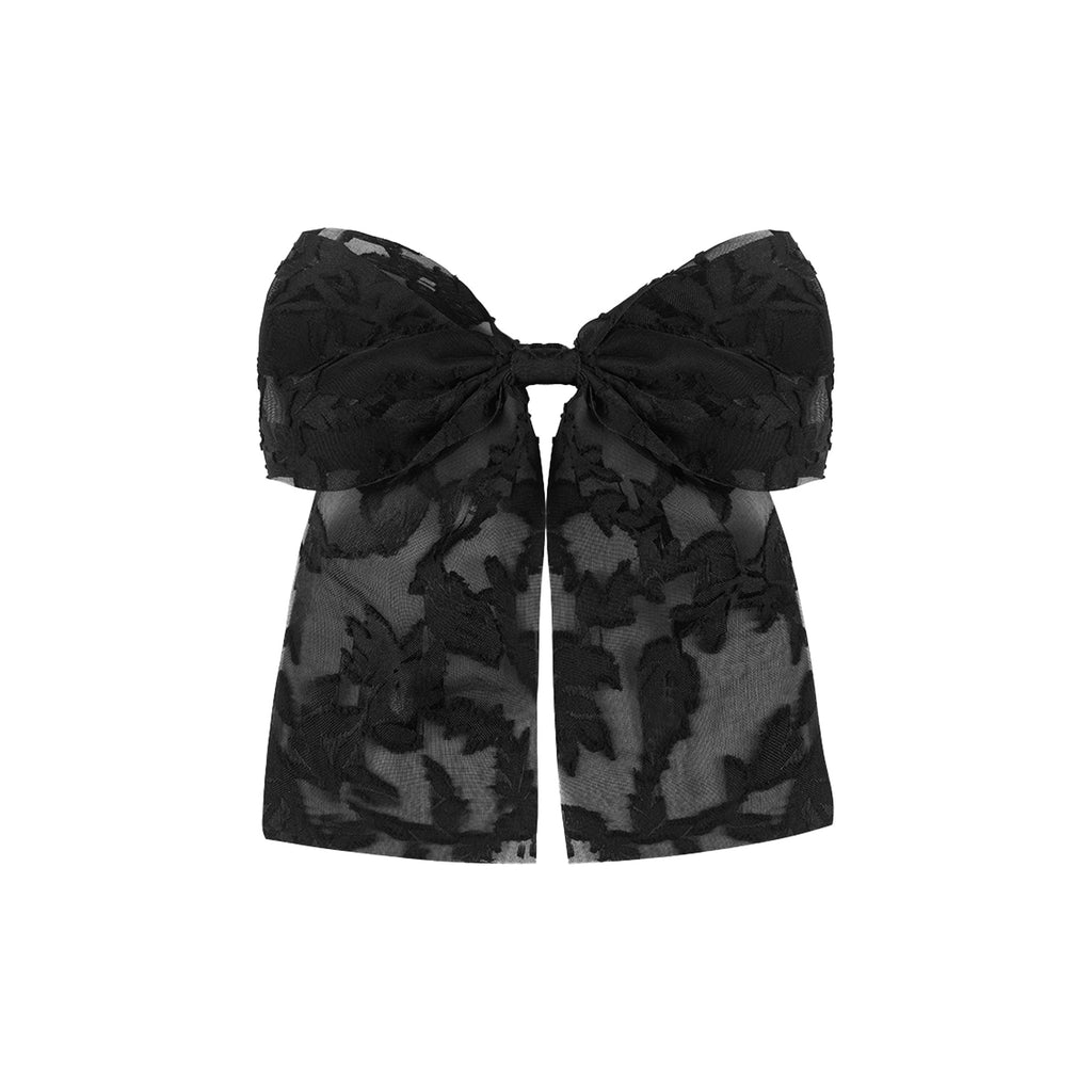 Sheer Bow Barrette With Long Floral Streamers - Black