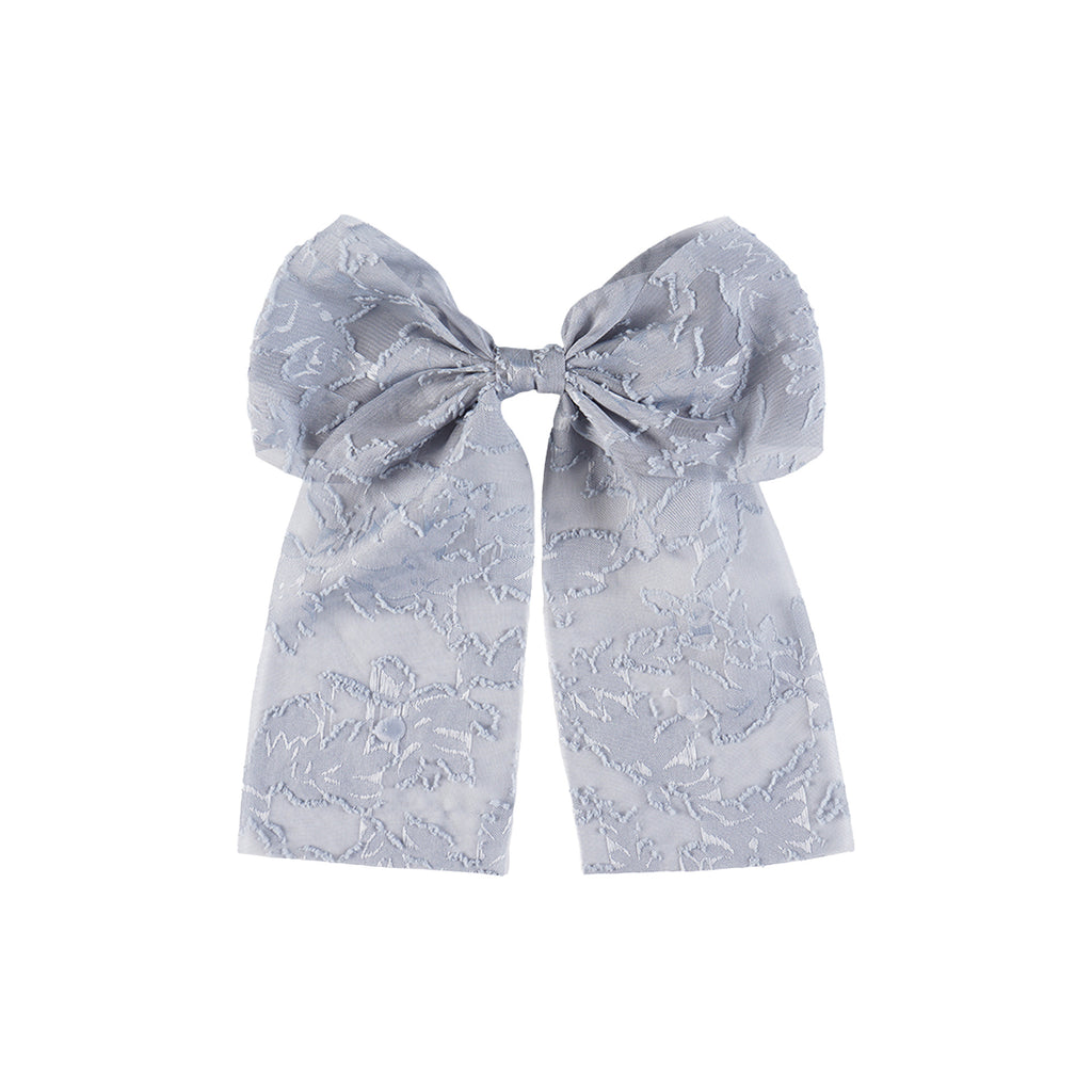 Sheer Bow Barrette With Long Floral Streamers - Grey