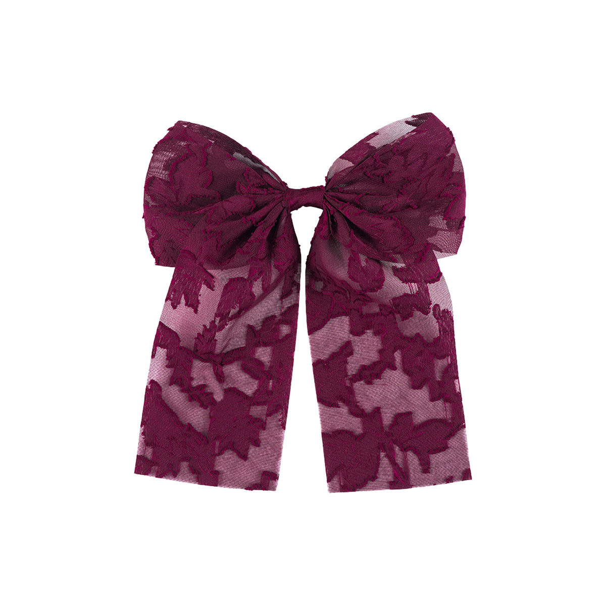 Sheer Bow Barrette With Long Floral Streamers - WineRed