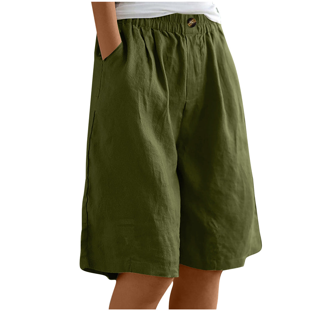 Relaxed High Waist Wide Leg Cotton Shorts - ArmyGreen