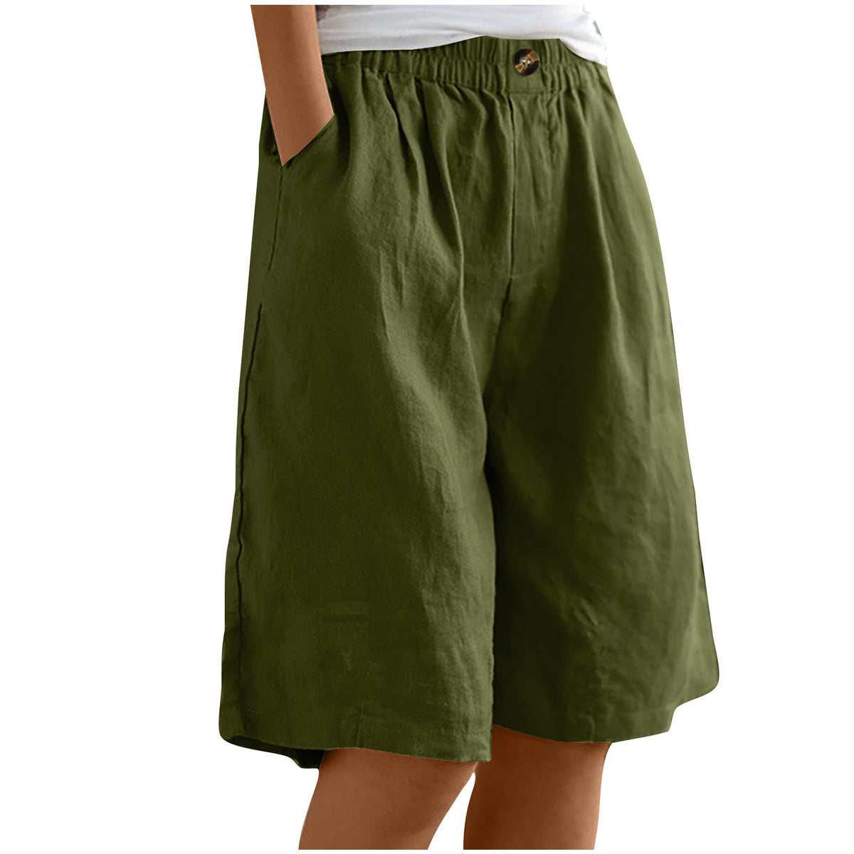 Relaxed High Waist Wide Leg Cotton Shorts - ArmyGreen