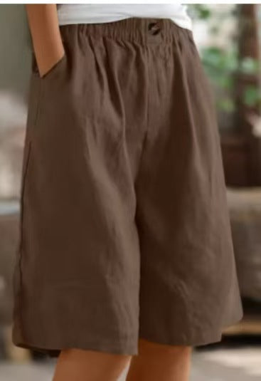 Relaxed High Waist Wide Leg Cotton Shorts - Coffee