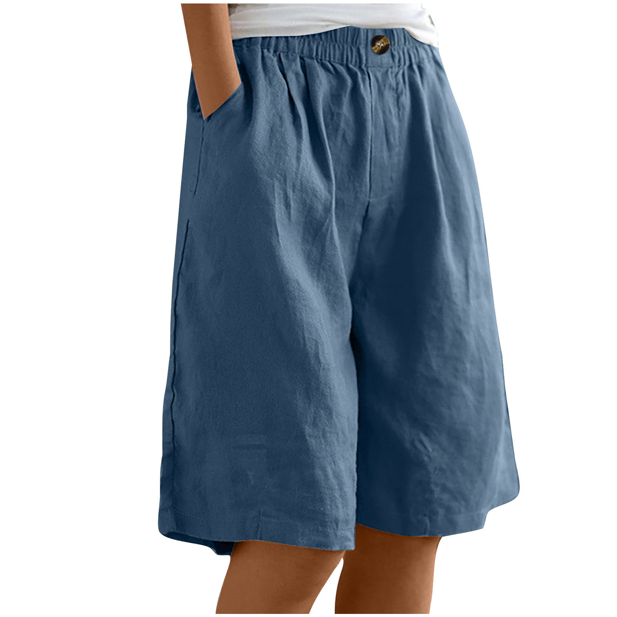 Relaxed High Waist Wide Leg Cotton Shorts - DarkBlue