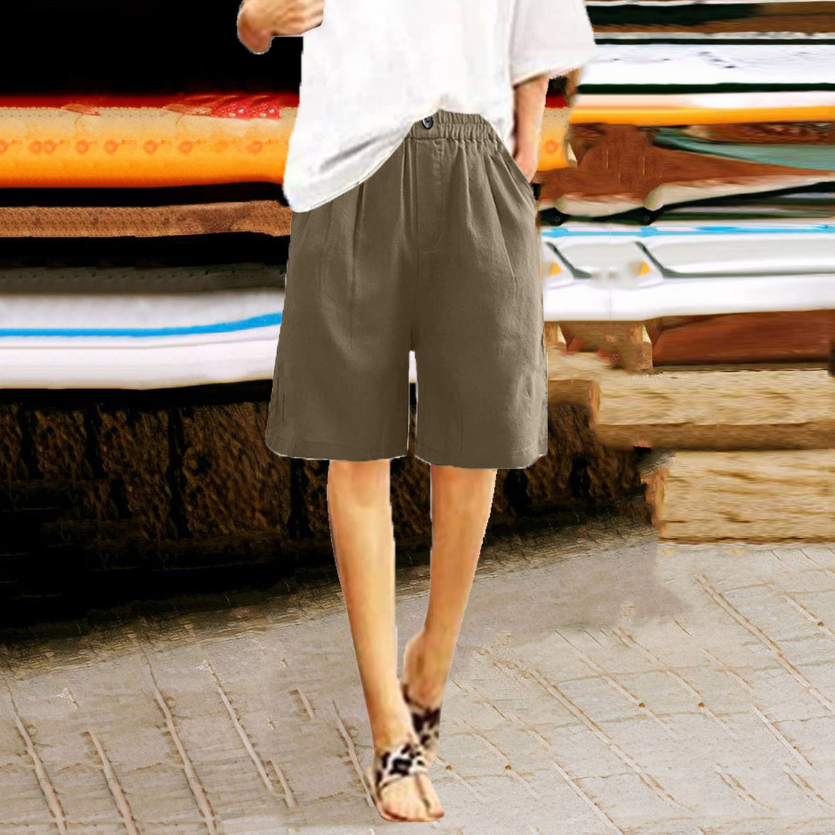 Relaxed High Waist Wide Leg Cotton Shorts - DeepKhaki