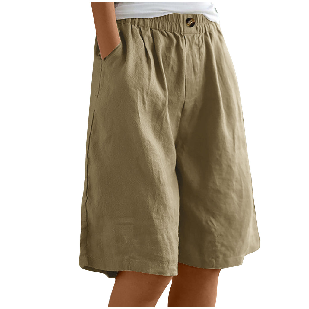 Relaxed High Waist Wide Leg Cotton Shorts - Khaki