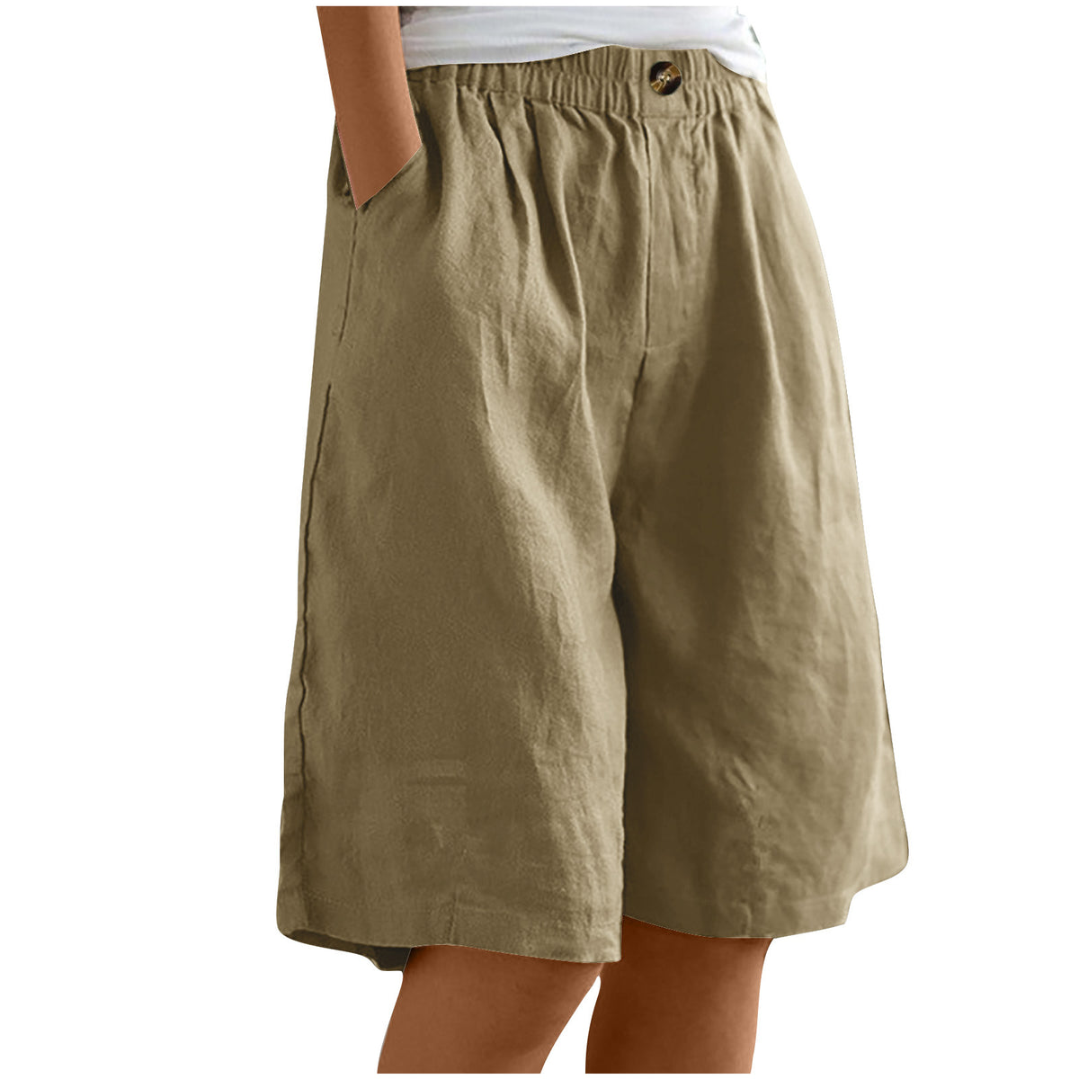 Relaxed High Waist Wide Leg Cotton Shorts - Khaki