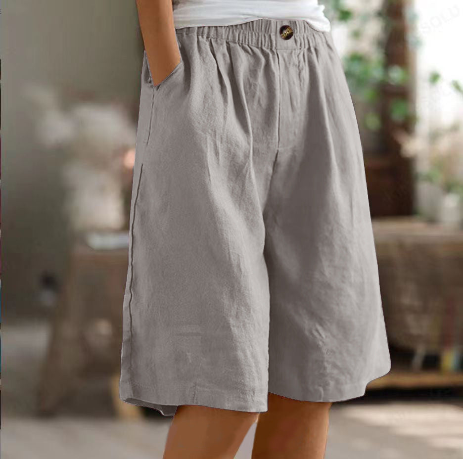 Relaxed High Waist Wide Leg Cotton Shorts - LightGray