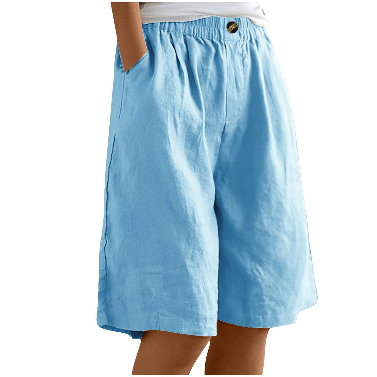 Relaxed High Waist Wide Leg Cotton Shorts - SkyBlue