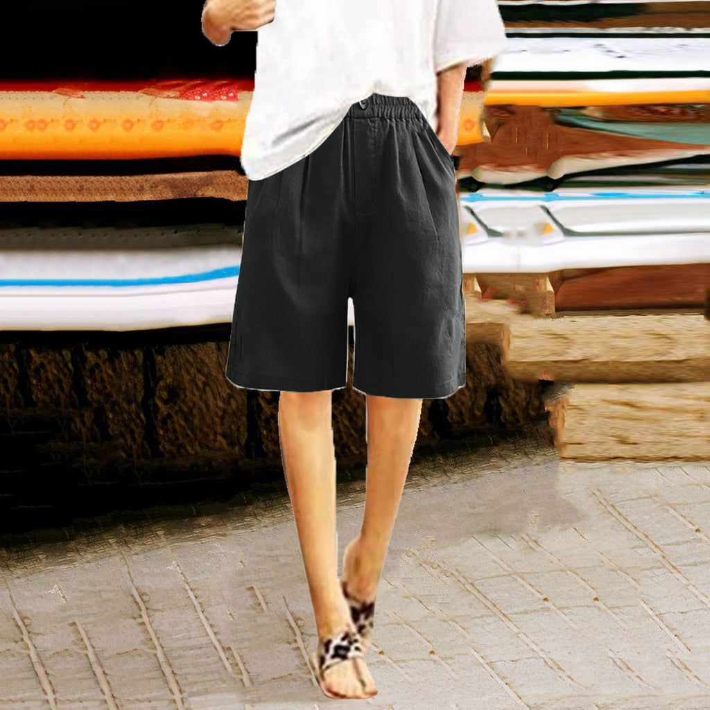Relaxed High Waist Wide Leg Cotton Shorts - black