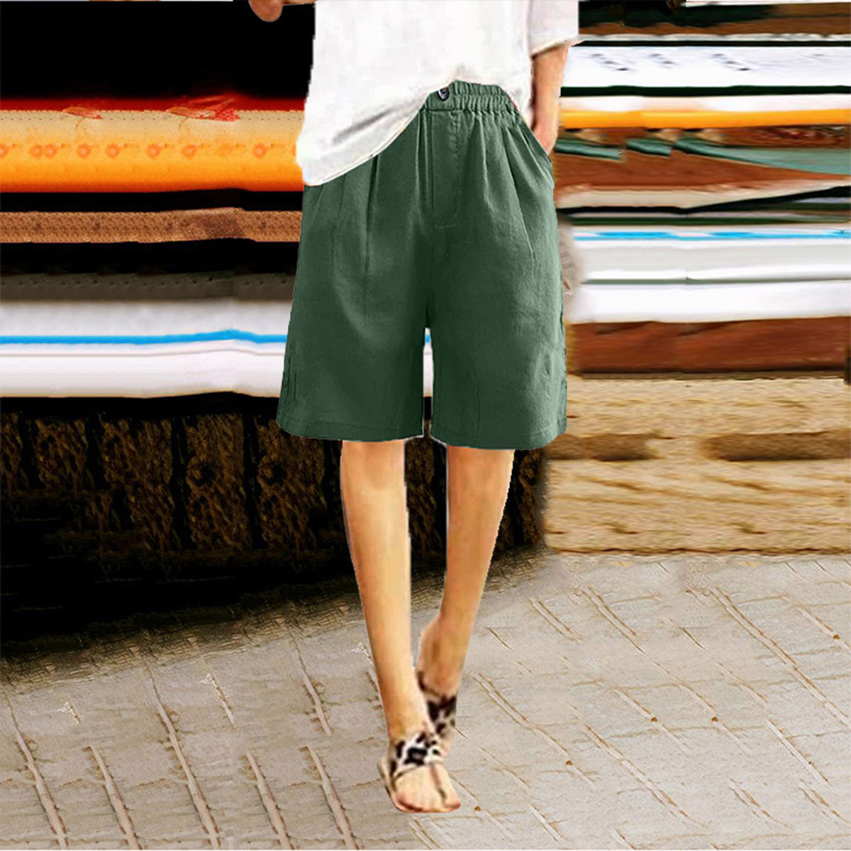 Relaxed High Waist Wide Leg Cotton Shorts - green