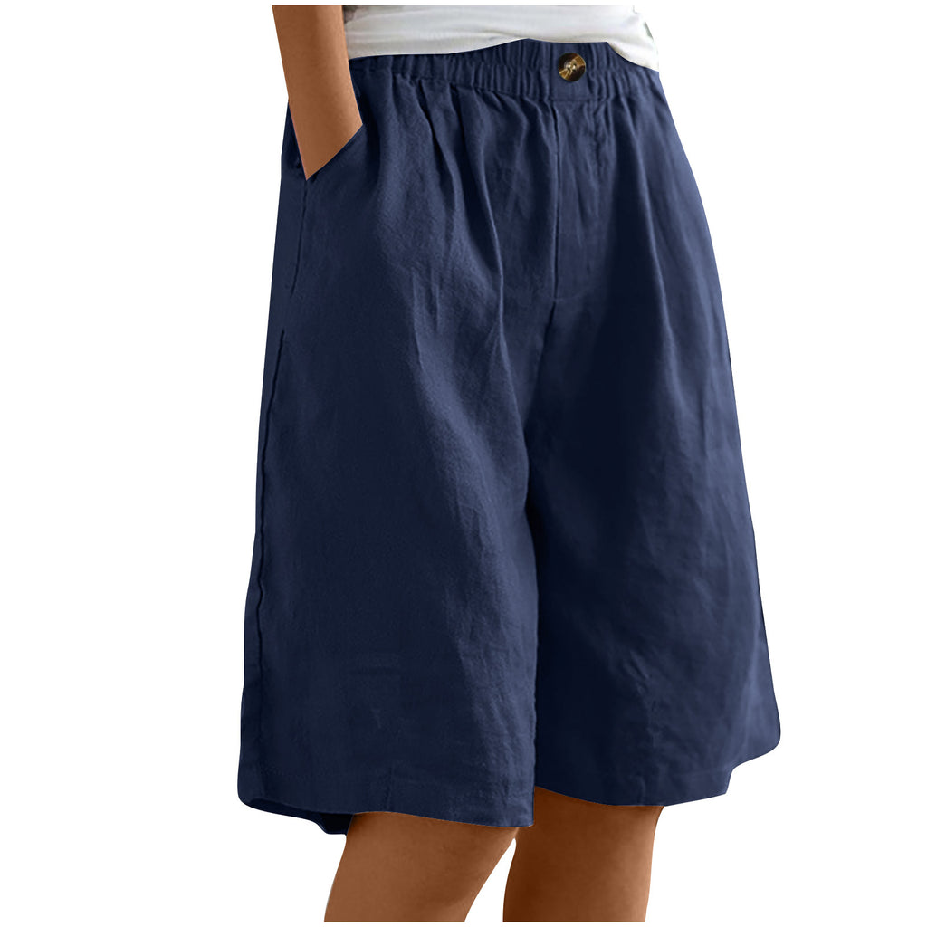 Relaxed High Waist Wide Leg Cotton Shorts - navy