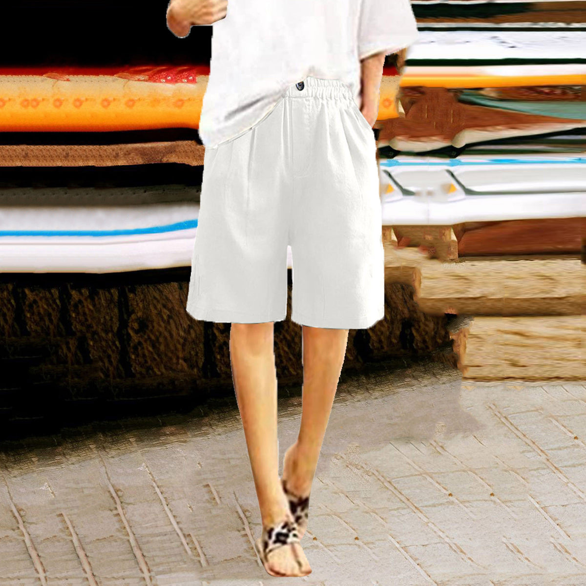 Relaxed High Waist Wide Leg Cotton Shorts - white