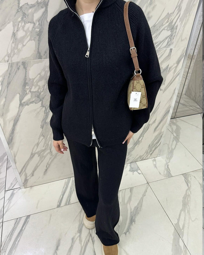 Zip Front Knit Cardigan And Trouser Set - Black