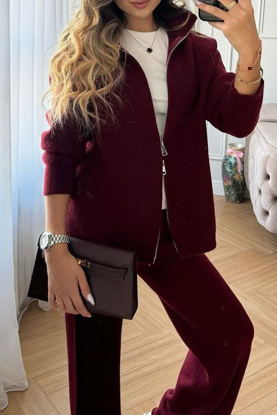Zip Front Knit Cardigan And Trouser Set - Burgundy