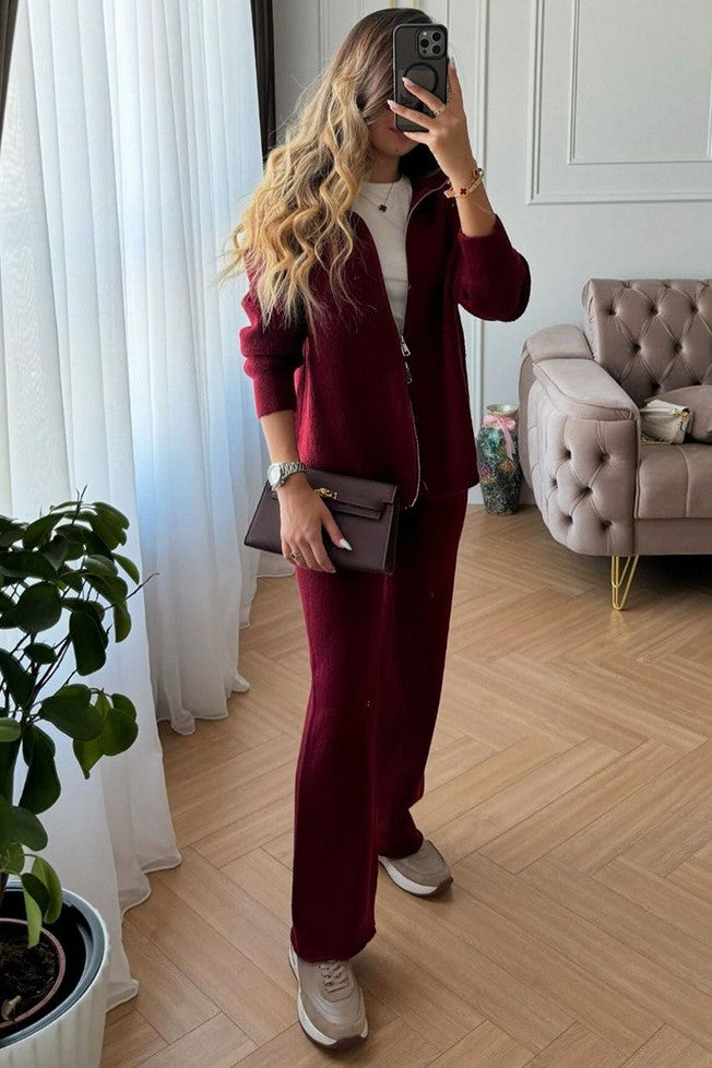 Zip Front Knit Cardigan And Trouser Set - Burgundy - 1