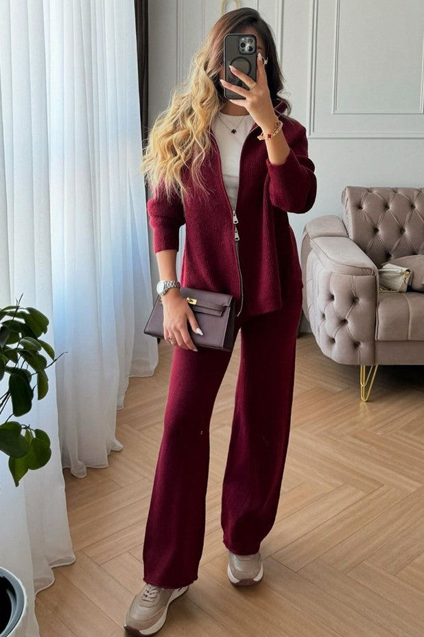 Zip Front Knit Cardigan And Trouser Set - Burgundy - 2