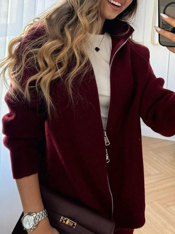 Zip Front Knit Cardigan And Trouser Set - Burgundy - 3