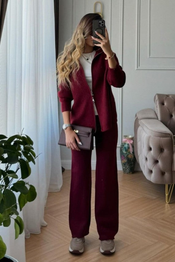 Zip Front Knit Cardigan And Trouser Set - Burgundy - 4