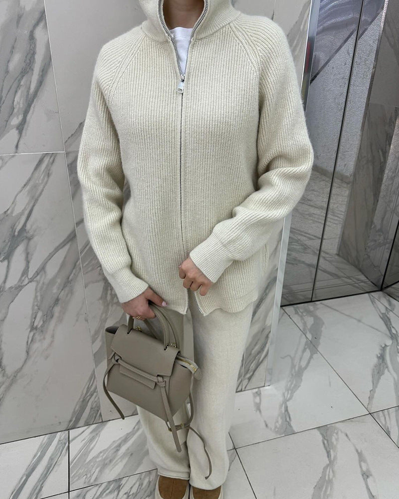 Zip Front Knit Cardigan And Trouser Set - Offwhite
