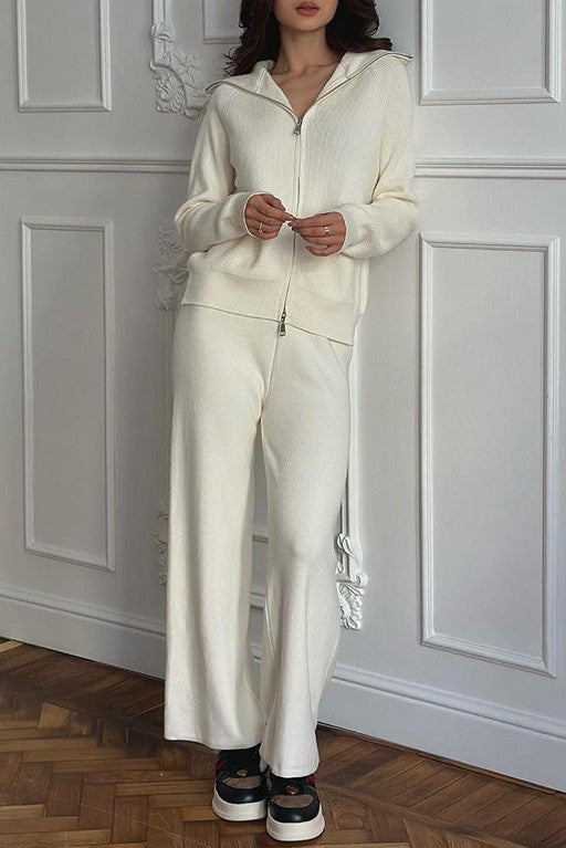 Zip Front Knit Cardigan And Trouser Set - Offwhite - 1
