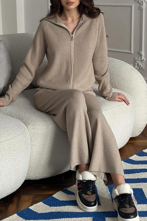 Zip Front Knit Cardigan And Trouser Set - OxfordTan