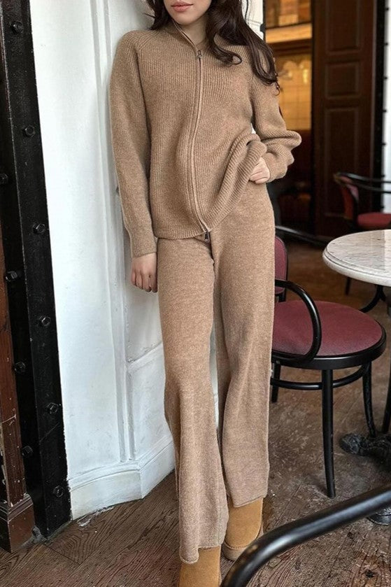 Zip Front Knit Cardigan And Trouser Set - OxfordTan - 1
