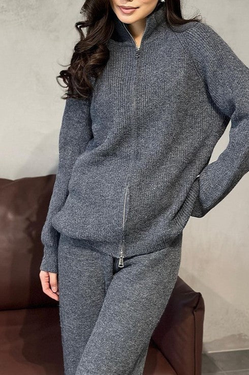 Zip Front Knit Cardigan And Trouser Set - charcoal - 1